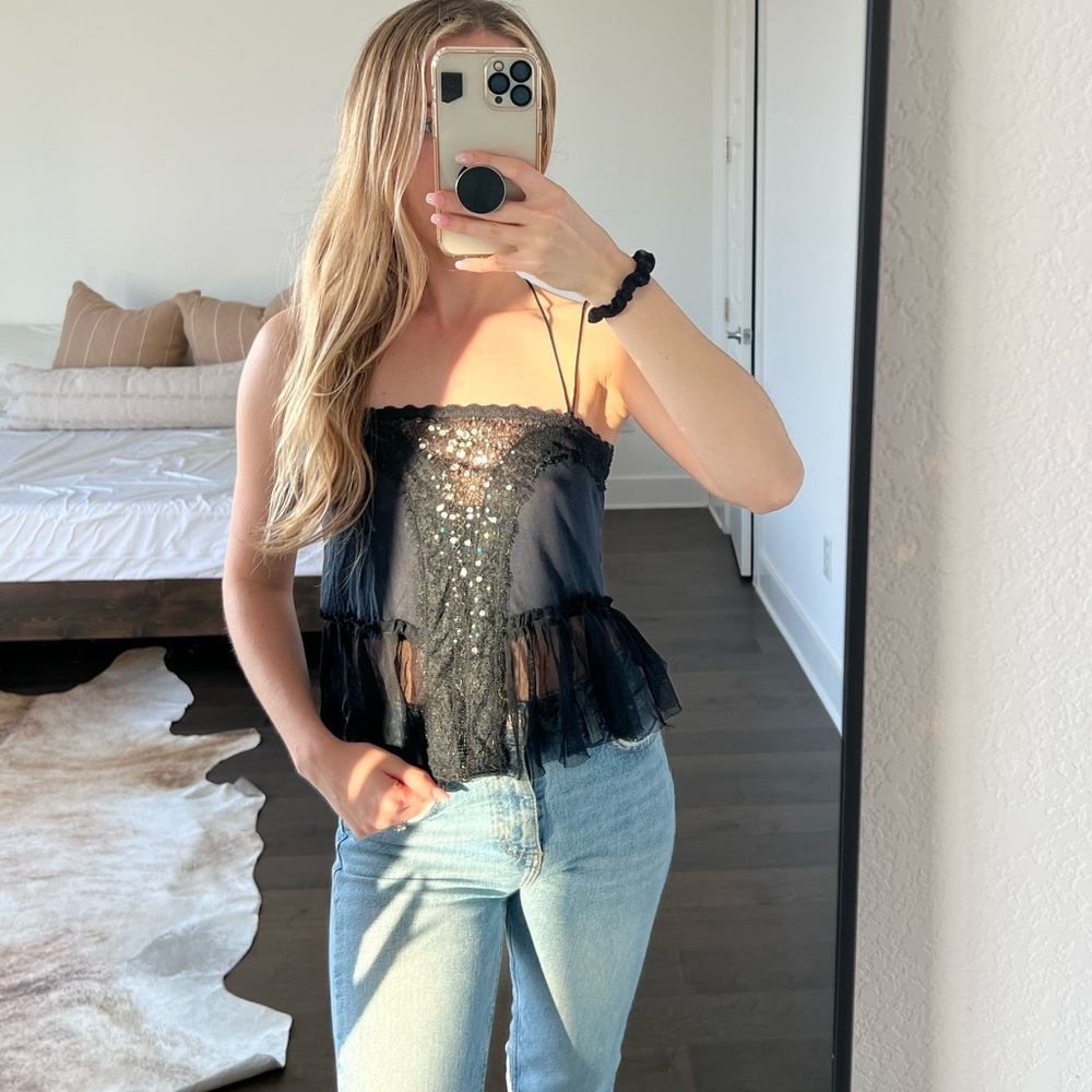Free People Vintage Black Crop Top Lace & Crystals XS